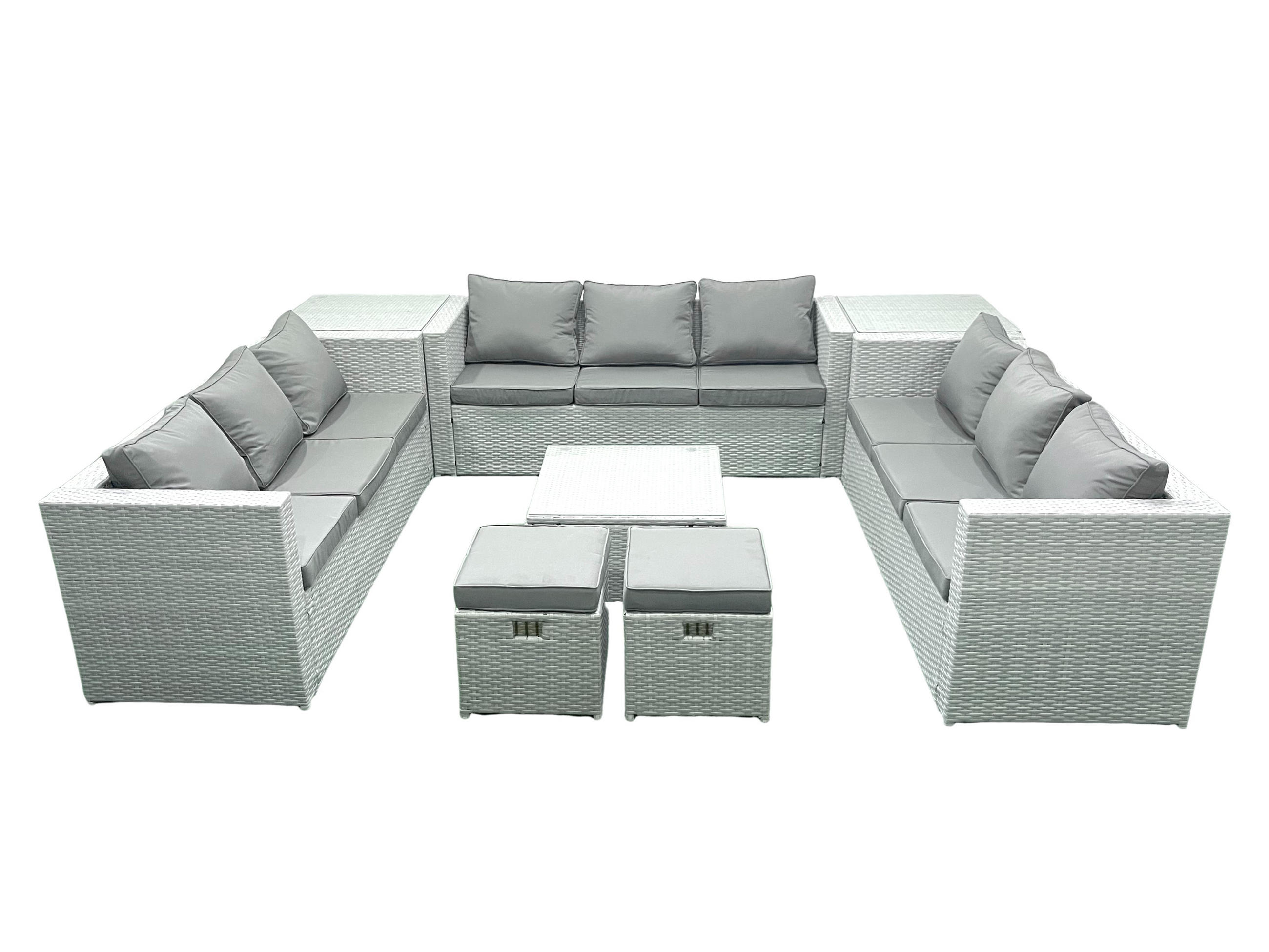 GARTENMÖBELSET mit 3-SITZER SOFA,COUCHTISCH Polyrattan Hellgrau-Mix 11-Sitzer - Hellgrau/Grau, Glas/Kunststoff - Fimous