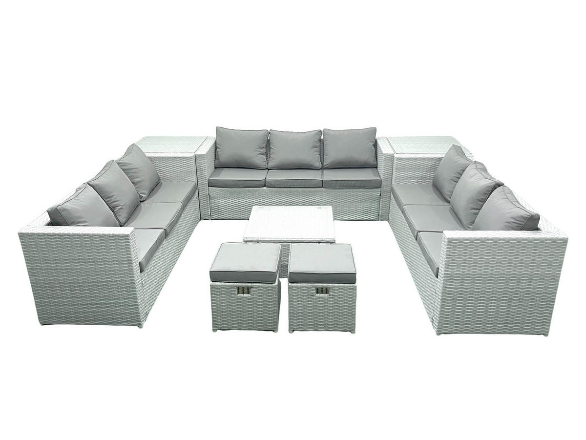 GARTENMÖBELSET mit 3-SITZER SOFA,COUCHTISCH Polyrattan Hellgrau-Mix 11-Sitzer - Hellgrau/Grau, Glas/Kunststoff - Fimous
