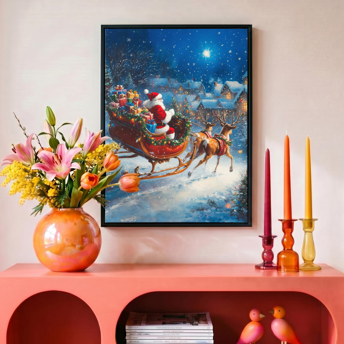 LEINWAND Bilder mit Rahmen - Weihnachtsmann - Rentier - Weihnachten - Schnee - 30x40 - Cognac, Textil (30/40cm) - MuchoWow