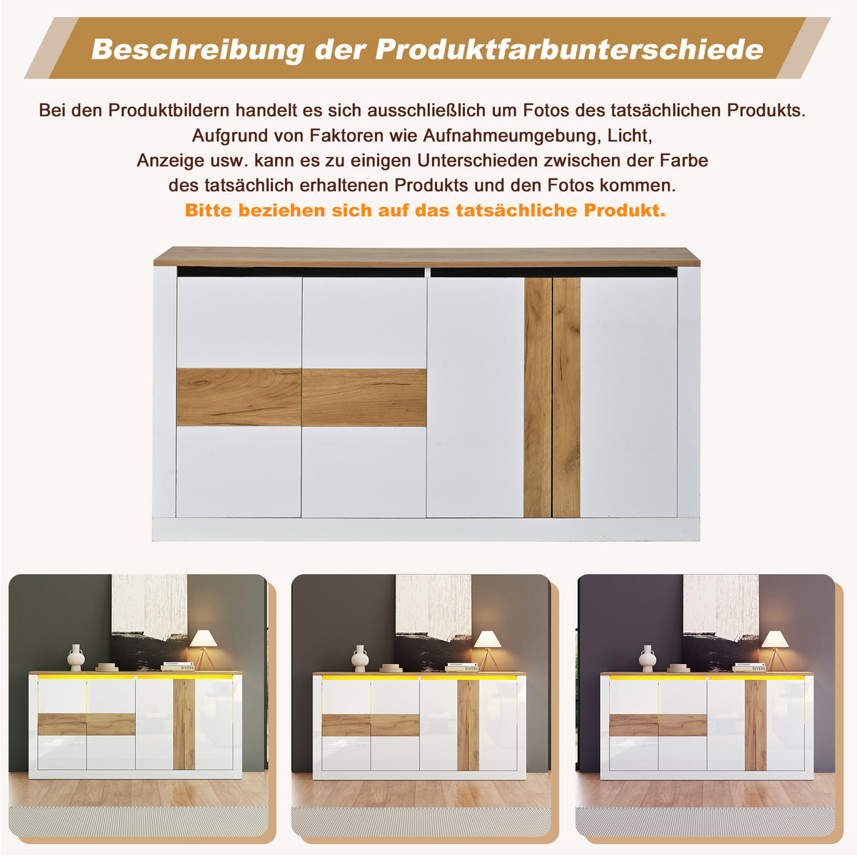 SIDEBOARD 140x35x70cm Weiß Eiche mit RGB LED und 4 Türen - Weiß/Naturfarben, Holzwerkstoff (140/70/35cm) - FLIEKS