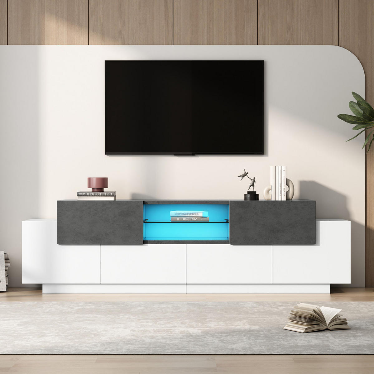 TV-SCHRANK Modern Lowboard LED-Beleuchtung Glasböden Weiß-Grau bis 80 Zoll - Weiß, Holz (48.26/18.42/99.06cm) - FLIEKS