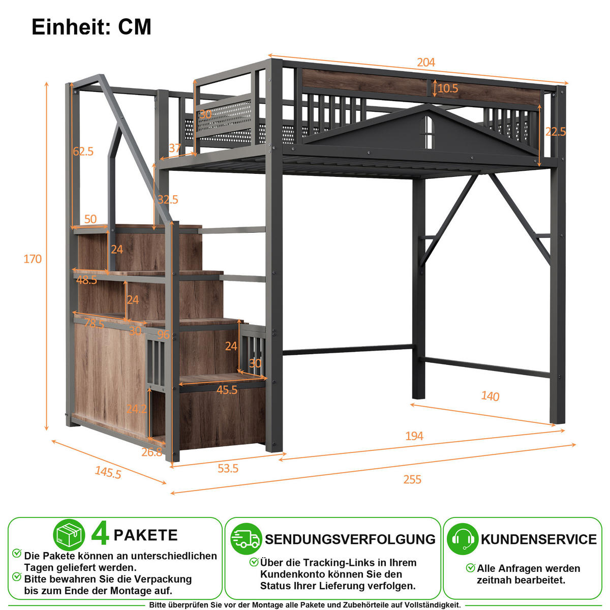 HOCHBETT 140/200 cm in Schwarz mit Treppenstauraum, Schrank und Fensterdesign - Schwarz, Holzwerkstoff/Metall (140/200cm) - CHICFURN