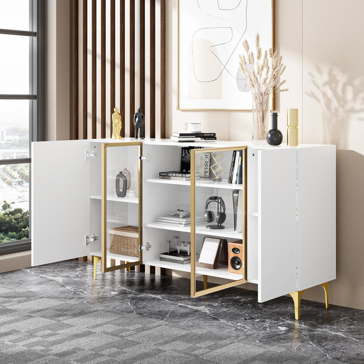 SIDEBOARD mit 4 Türen, grifflos, MDF und gehärtetes Glas, modernes asymmetrisches Design, goldfarbenen Metallfüßen, 150/38/85 cm, Weiß - Weiß, Holzwerkstoff (150/85/38cm) - Redom