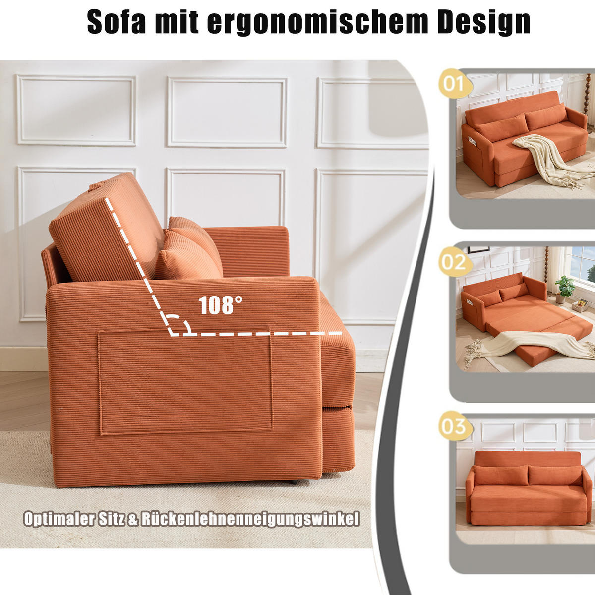2-SITZER SCHLAFSOFA Cord Orange mit 2 Lendenkissen und 2 Magazintaschen - Orange, Holzwerkstoff/Textil (165/67/212cm) - WISHDOR