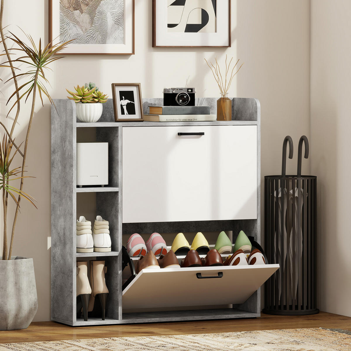 SCHUHSCHRANK Weiß und Grau Spanplatte mit Klappfächern platzsparend 1 Stück - Grau, Holzwerkstoff (83/90.5/24cm) - PANGIVO