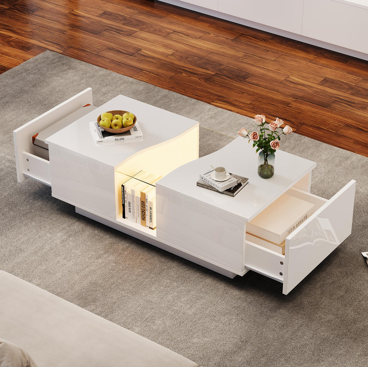 COUCHTISCH 100/50/35 cm Weiß Hochglanz mit 2 Schubladen und LED-Beleuchtung - Weiß, Holzwerkstoff (100/50/35cm) - OKWISH