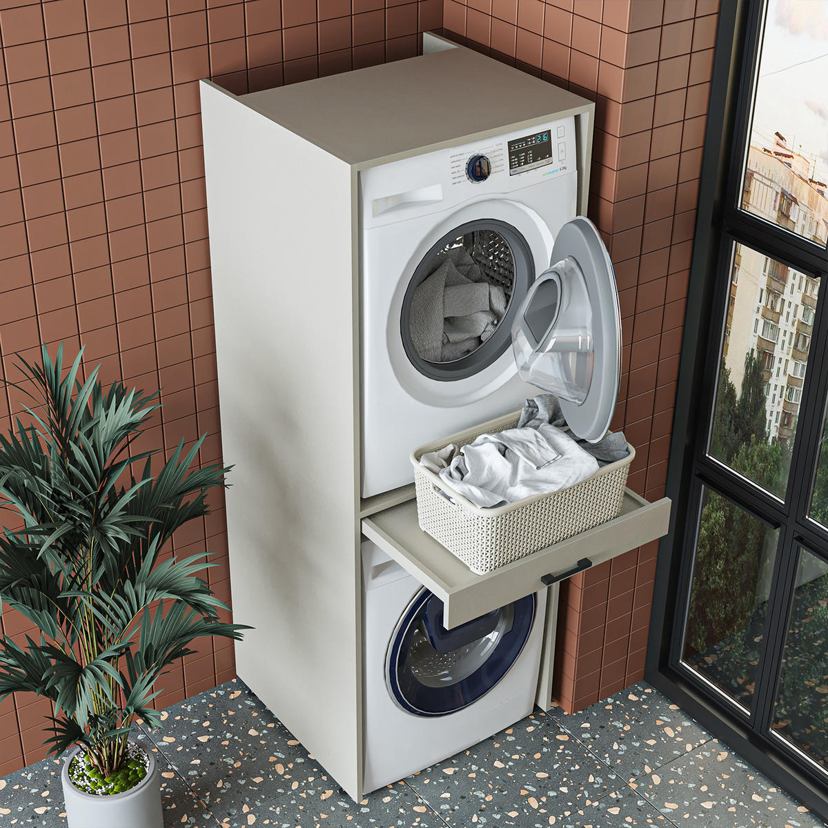WASCHMASCHINENSCHRANK DUO-I 67cm Breit, 184cm Hoch - Beige, Holzwerkstoff (67/184/67cm)