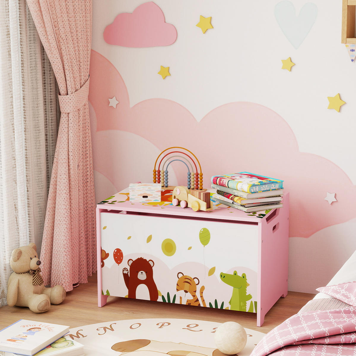 SPIELZEUGTRUHE DE-17271 klappbarer Deckel mit Tiermotiv Rosa - Pink, Holzwerkstoff (37/60cm) - ComfortXL