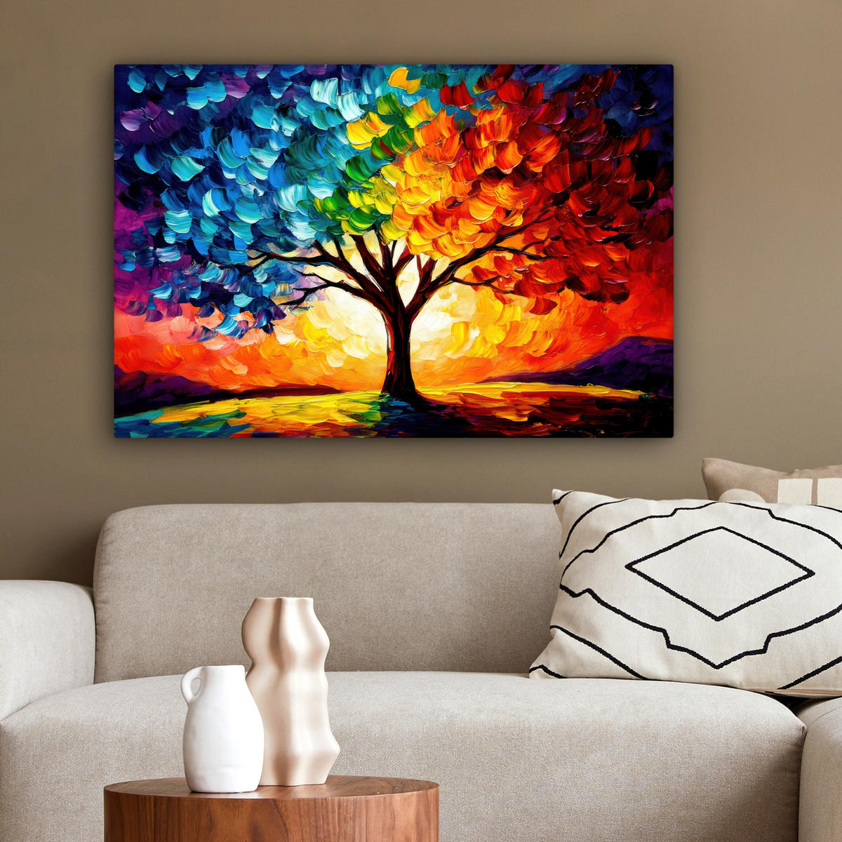 LEINWANDBILD - Baum - Kunst - Natur - Sonnenuntergang - 90x60 - Deko Wohnzimmer - Multicolor, Textil (90/60cm) - MuchoWow