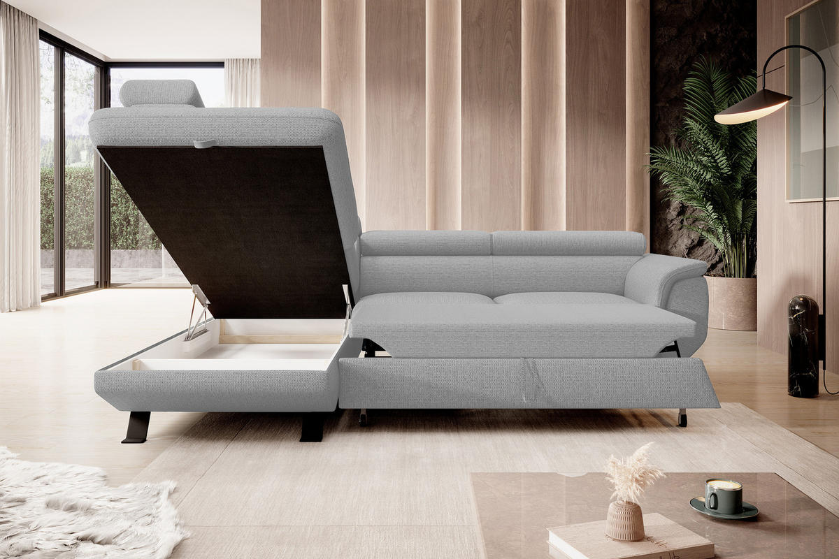 ECKSOFA RAVEN L mit Schlaffunktion und Bettkasten, Freistehend, Polstersofa mit Verstellbaren Kopfstützen, 257x198x96 cm, Linke, Esche - Silberfarben, Holz/Textil (198/256cm) - DomoHome