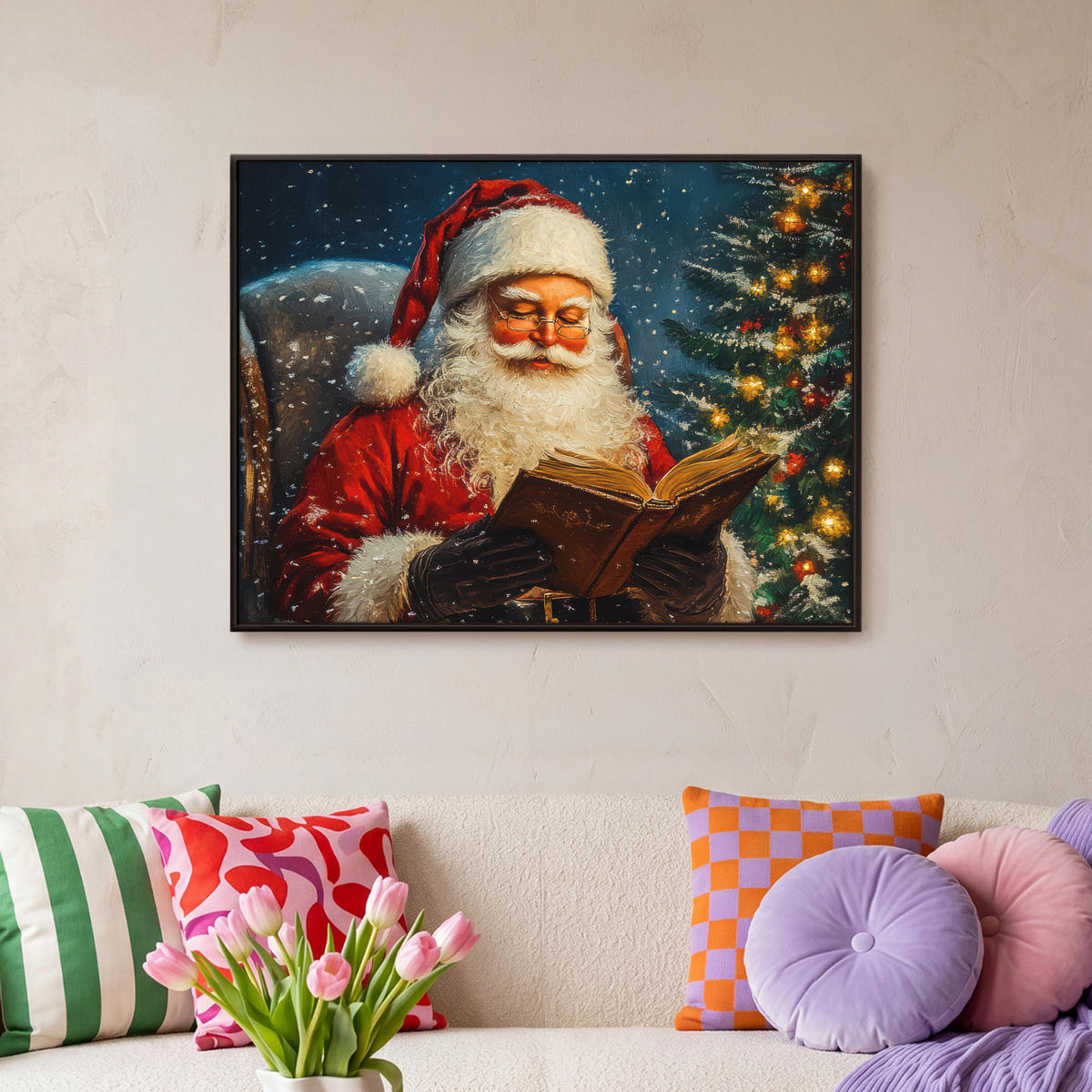 LEINWAND Bilder mit Rahmen - Weihnachtsmann - Weihnachten - Winter - Weihnachtsbaum - 70x50 - Bordeaux, Textil (70/50cm) - MuchoWow