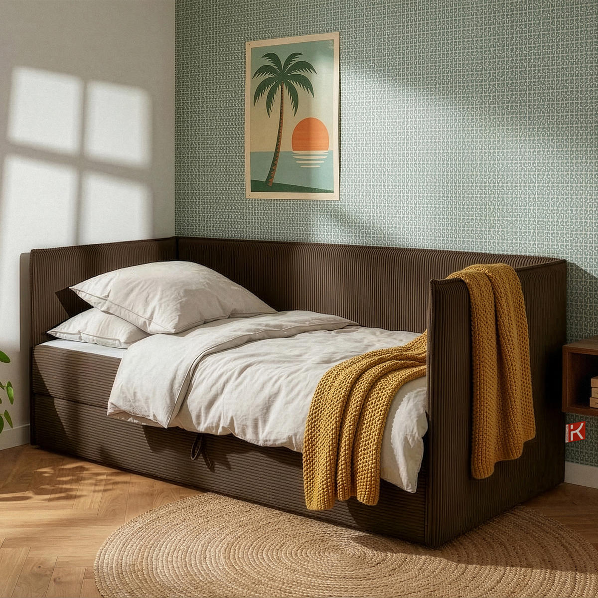 JUGENDBETT ROTI Einzelbett mit Bettkasten, 90x200cm, Bett mit Bonellmatratze, mit Rückenlehne - Dunkelbraun/Schwarz, Holz/Holzwerkstoff (92/200cm) - KONSIMO®
