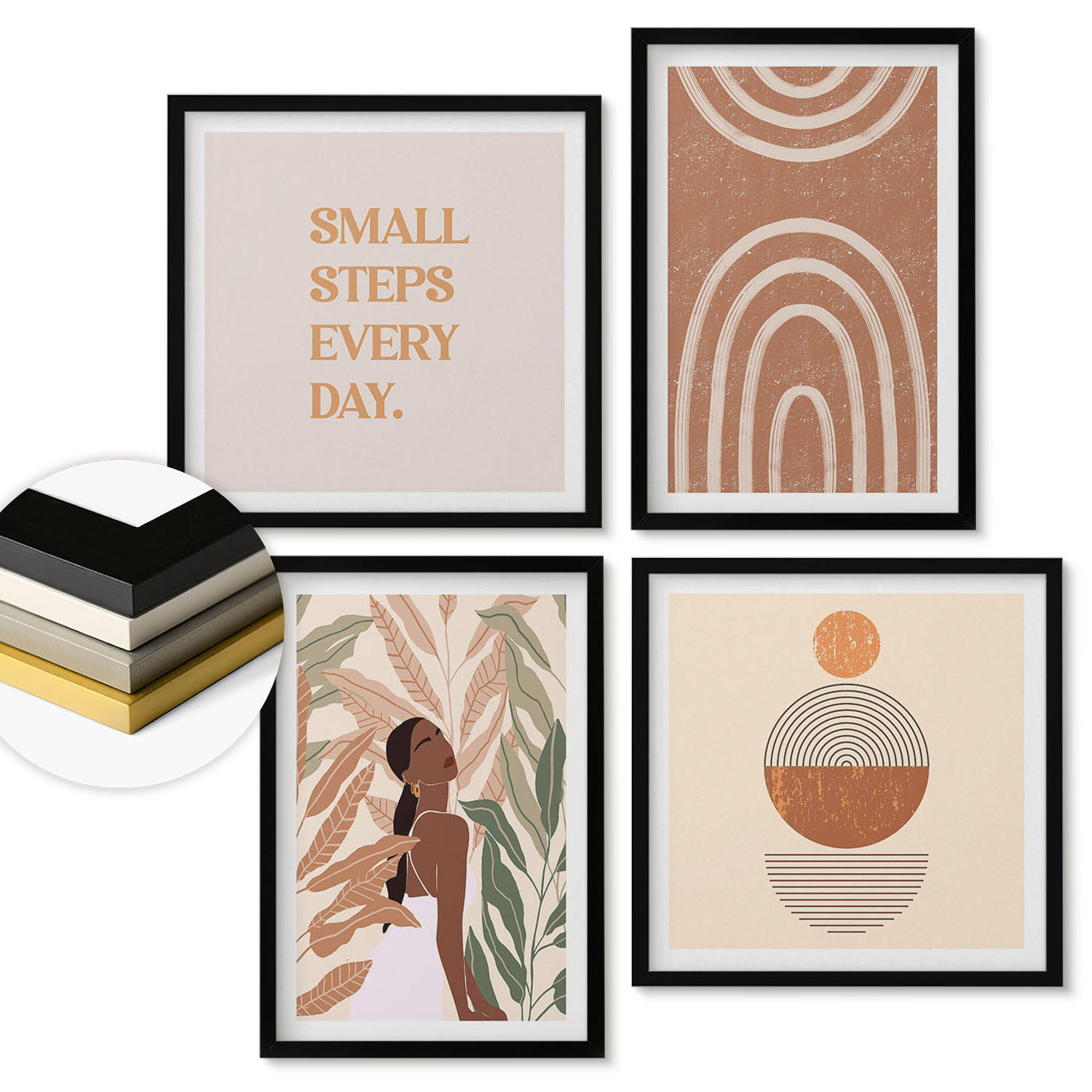 WANDBILDER 4er-Set - 50x50 cm & 40x60 cm Schwarzer Rahmen - Stilvolle Pflanzenmuster und Geometrie - Schwarz, Kunststoff (50/50cm) - ArtPrintCave