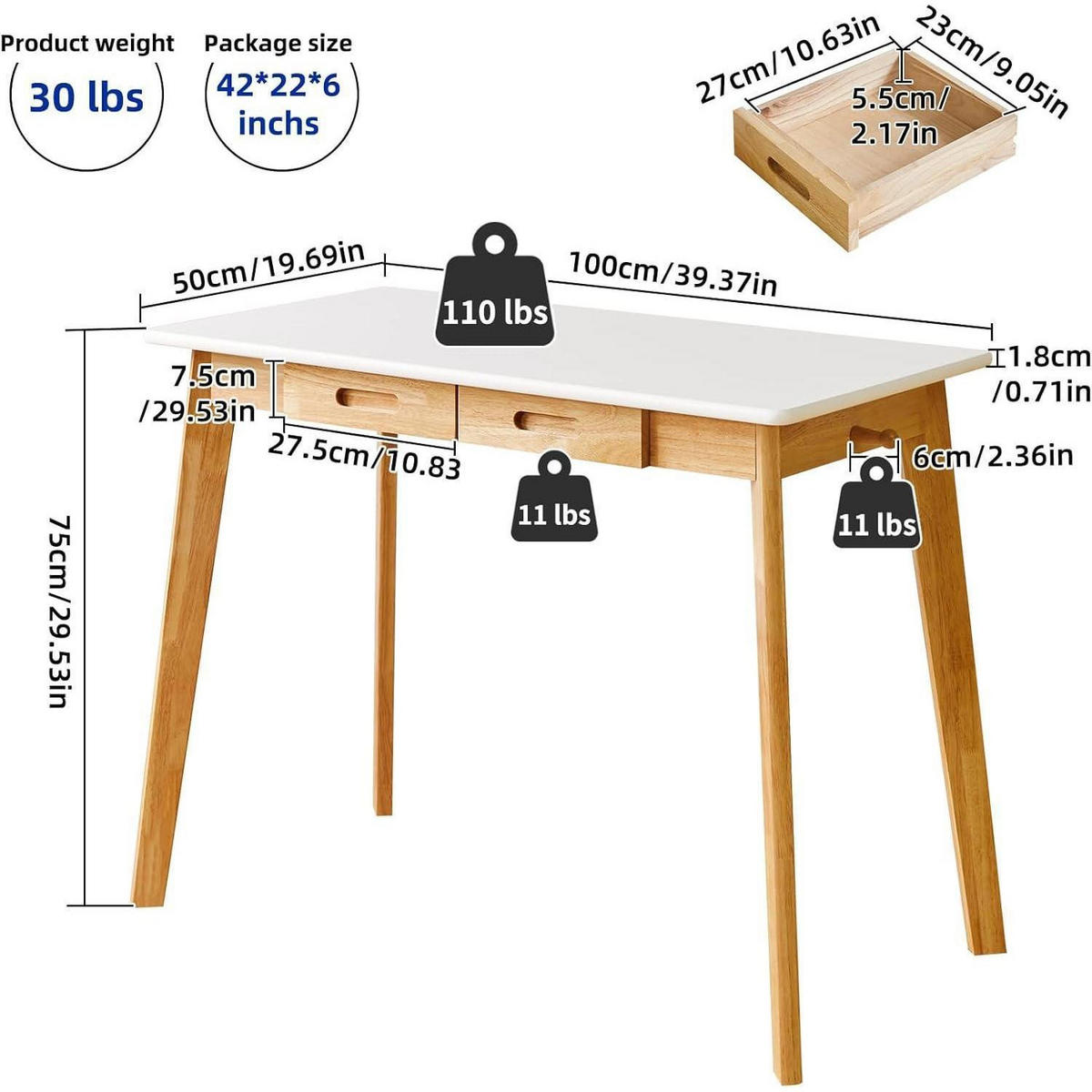 COMPUTERTISCH Holz Weiß mit Schublade und Hängestange 100 x 50 x 75 cm - Weiß, Holz (100/50/75cm)