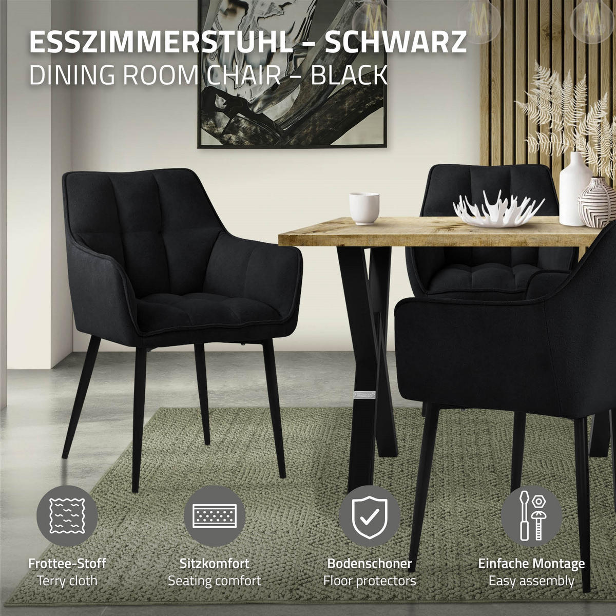 JÍDELNÍ ŽIDLE, SADA 2 KS, černá froté látka - černá, kov/textil (63/90/57cm) - ML-DESIGN