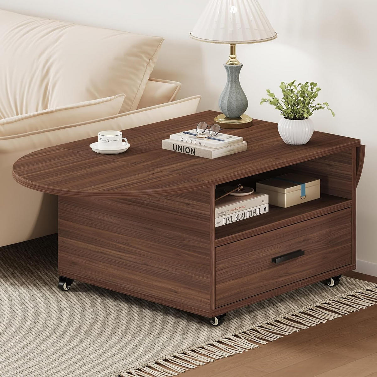 COUCHTISCH Wohnzimmertisch mit Stauraum 120 x 60 x 45 cm Klappplatte - Walnussfarben, Holzwerkstoff/Metall (120/120/45cm) - Quality Elegance