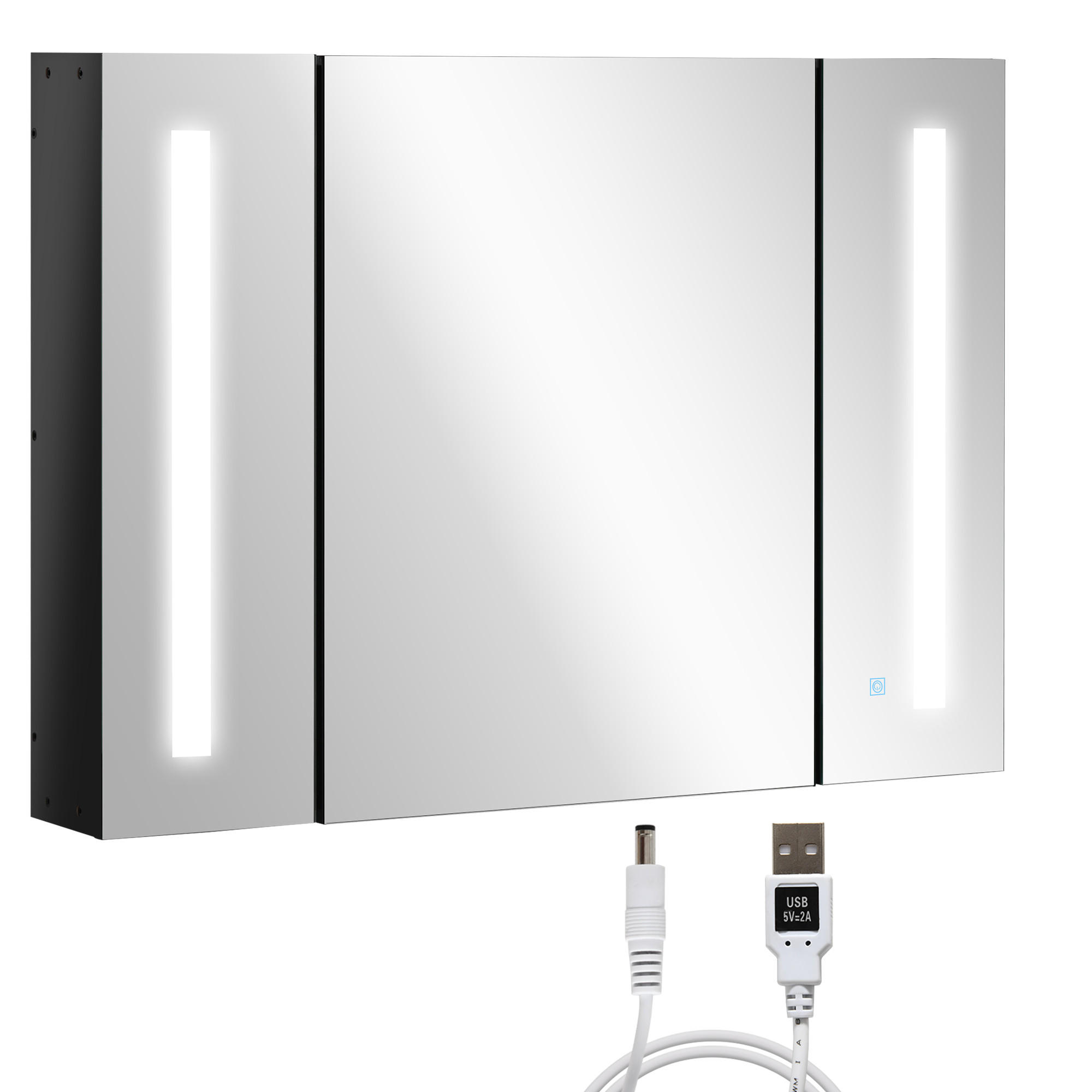 SPIEGELSCHRANK mit 3 Schränken, 3 Ablagen und LED-Beleuchtung, 90 x 15 x 65 cm ,Schwarz - Schwarz, Glas (90/65/15cm) - Vallsero