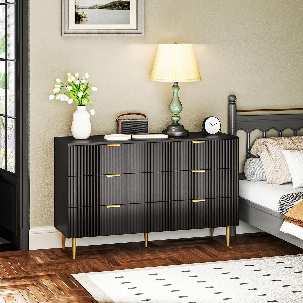 KOMOODE DE-12895 6 Schubladen, goldene Griffe und Füße Schwarz - Schwarz, Holzwerkstoff (120/76.5/40cm) - ComfortXL