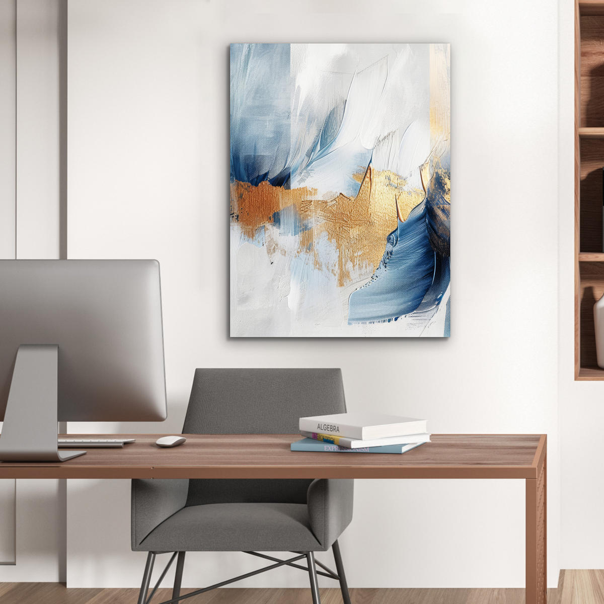KOVOVÝ OBRAZ Zlatá - modrá - akvarel - umenie - moderné 60x80 cm - svetlomodrá, kov (60/80cm) - MuchoWow