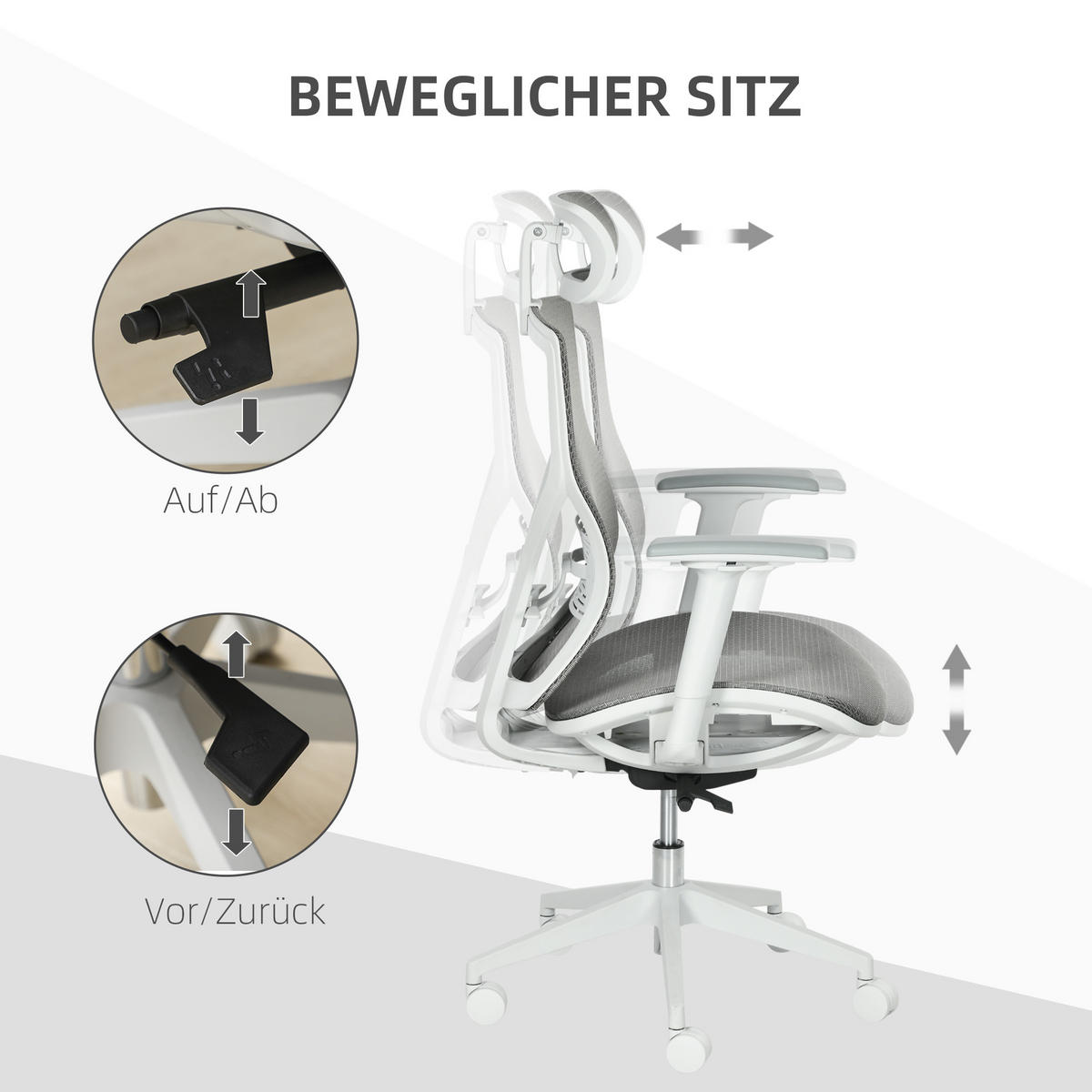 BÜROSTUHL, Armlehne, Mesh-Stoff - Grau, Kunststoff (65/128/67cm) - Vinsetto