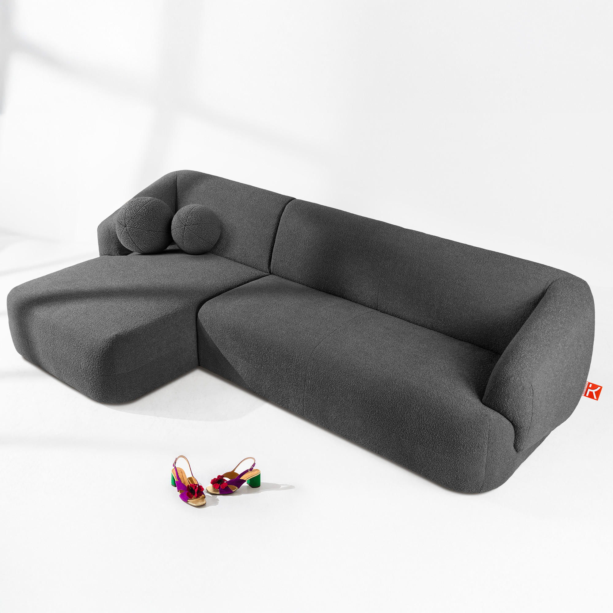 ECKSOFA LINKS VIRA, Dunkelgrau, Bouclé - Dunkelgrau/Schwarz, Holz/Holzwerkstoff (300/160cm) - KONSIMO®