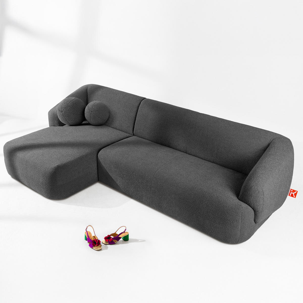 ECKSOFA LINKS VIRA, Dunkelgrau, Bouclé - Dunkelgrau/Schwarz, Holz/Holzwerkstoff (300/160cm) - KONSIMO®