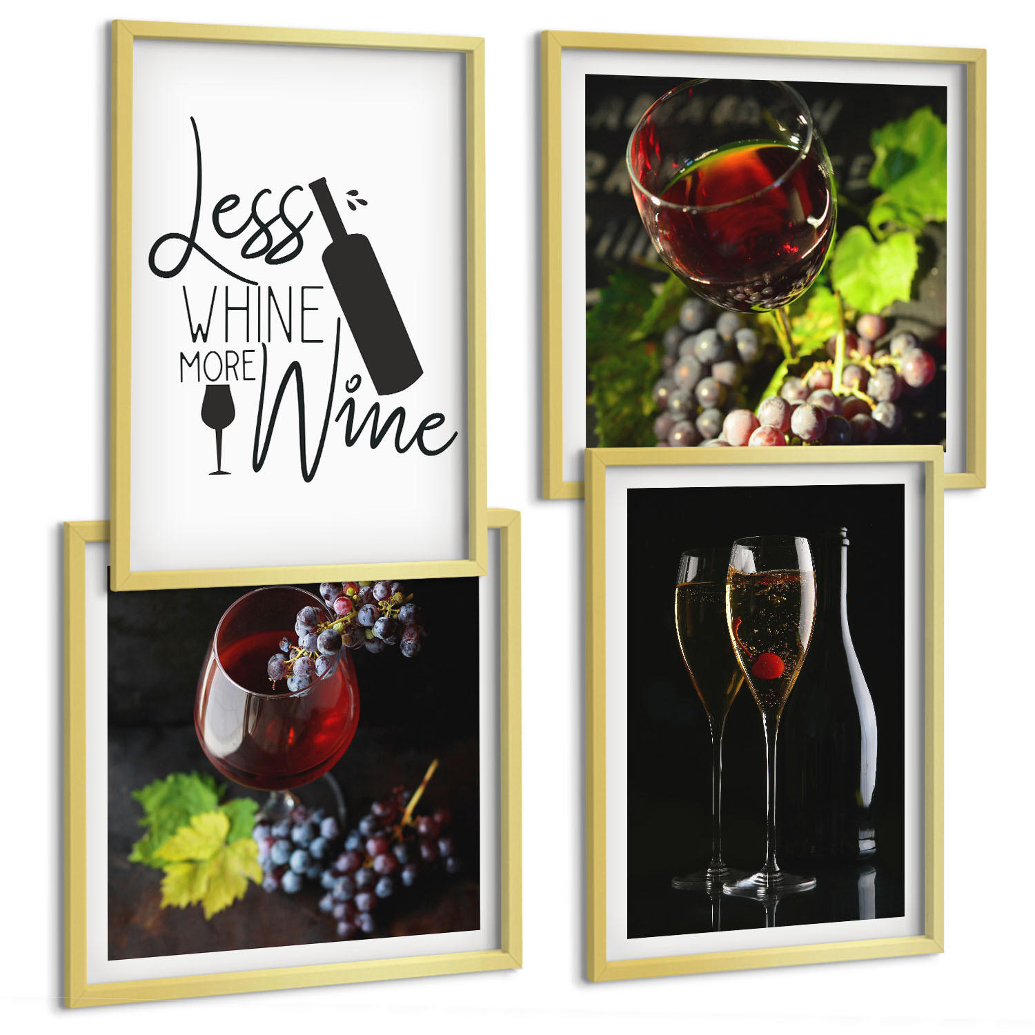 BILDER SET 4er Set - 50x50 cm & 40x60 cm Goldrahmen - Weingläser mit Trauben und Inschrift - Goldfarben, Kunststoff (50/50cm) - TULUP
