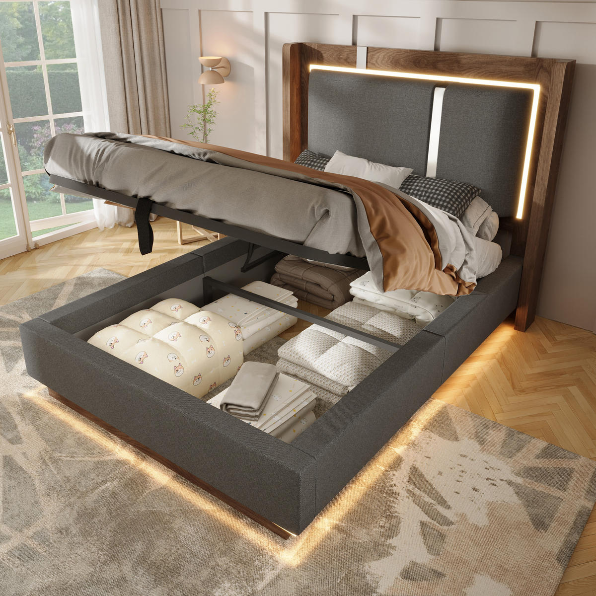 POLSTERBETT 90/200 cm in Grau & Walnuss mit Leinen, LED und Bettkasten - Grau, Holzwerkstoff/Textil (90/200cm) - WISHDOR