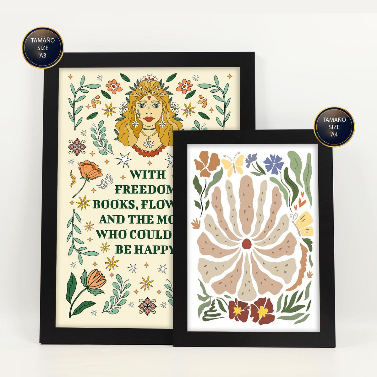 POSTER Set Mit 6 Drucken Mit Freundlichkeit In Der Brillanten Groovy Dekorative Rahmen Für Ihr Zuhause Wandkunstdruck A3 & A4 Schwarzer Rahmen - Schwarz, Papier (29/3cm) - Nacnic