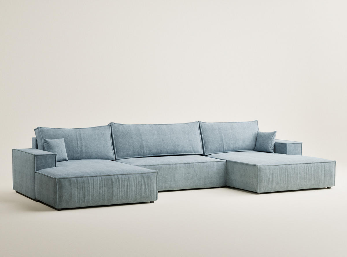 WOHNLANDSCHAFT Kyoto Hellblau Webstoff - Schwarz/Hellblau, Holz/Holzwerkstoff (398/70/148cm) - Maison de Reve