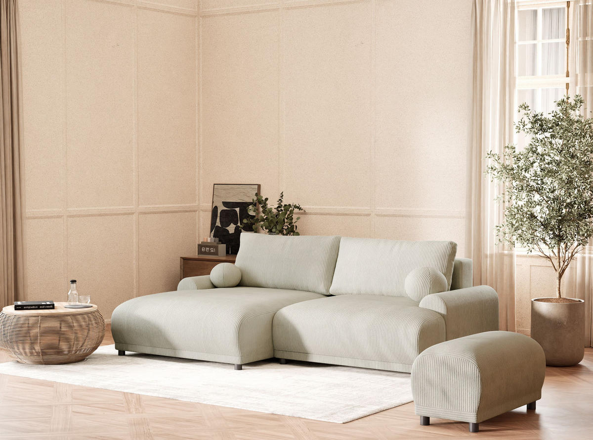 ECKSOFA MIT SCHLAFFUNKTION Tallin Creme Samtstoff - Links Seite - Hellgrau/Schwarz, Holz/Holzwerkstoff (145/240cm) - Maison de Reve