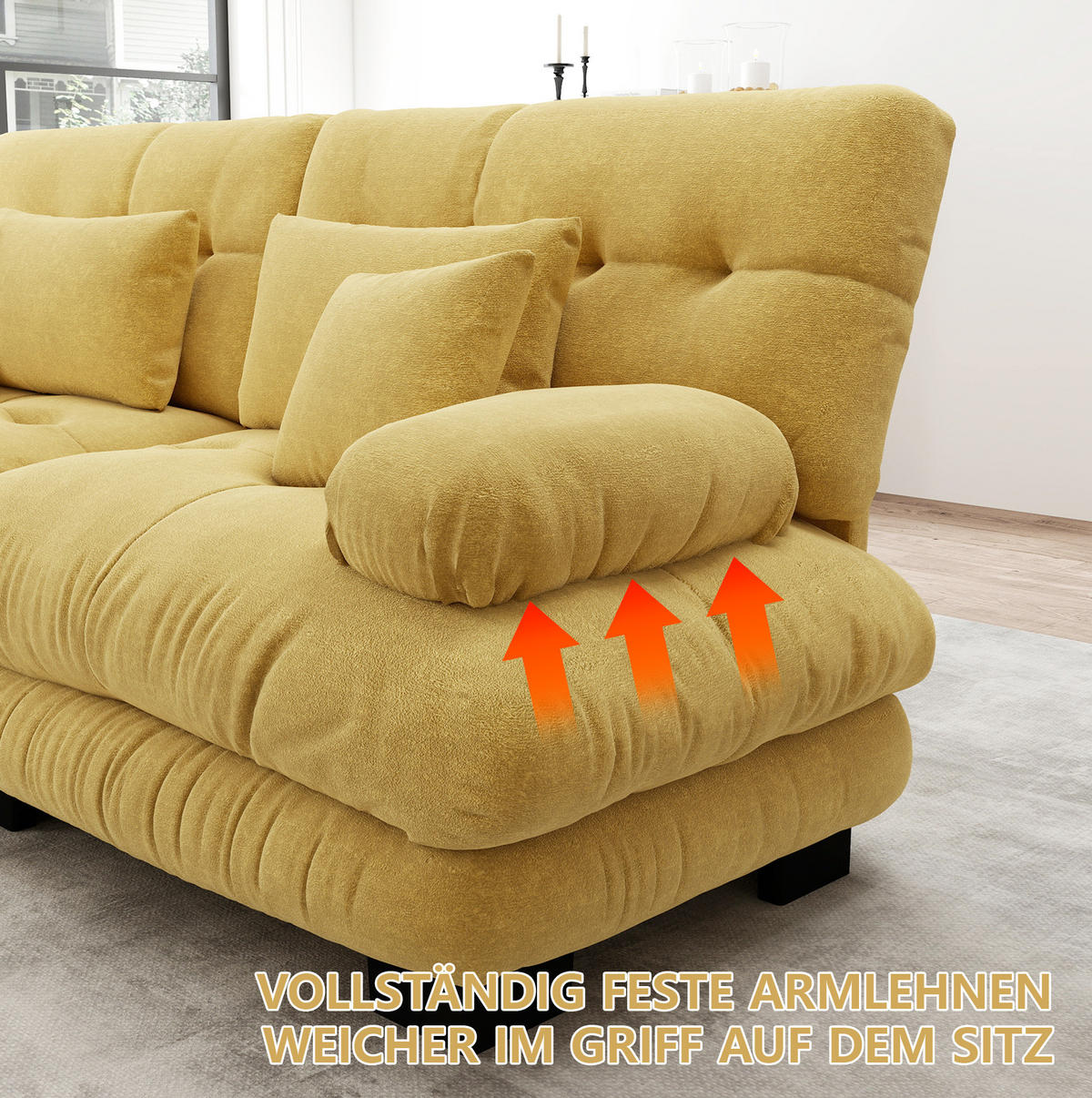 ECKSOFA 406/145/81 cm gelb aus Chenille mit modularem Ottoman - Gelb, Textil (145/406cm) - OKWISH