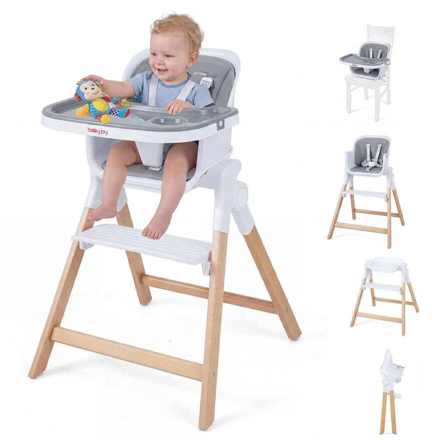 KINDERHOCHSTUHL mit Tablett grau - Grau, Holz (71/93/58cm) - COSTWAY