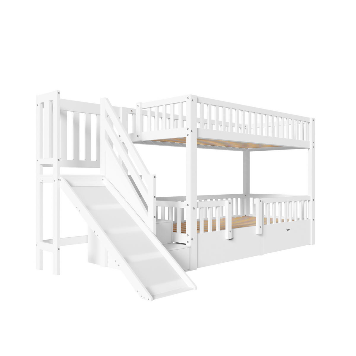 ETAGENBETT 90/200 cm Weiß aus Massivholz mit Rutsche, Treppe und 2 Schubladen - Weiß, Holz (90/200cm) - Flora Grace