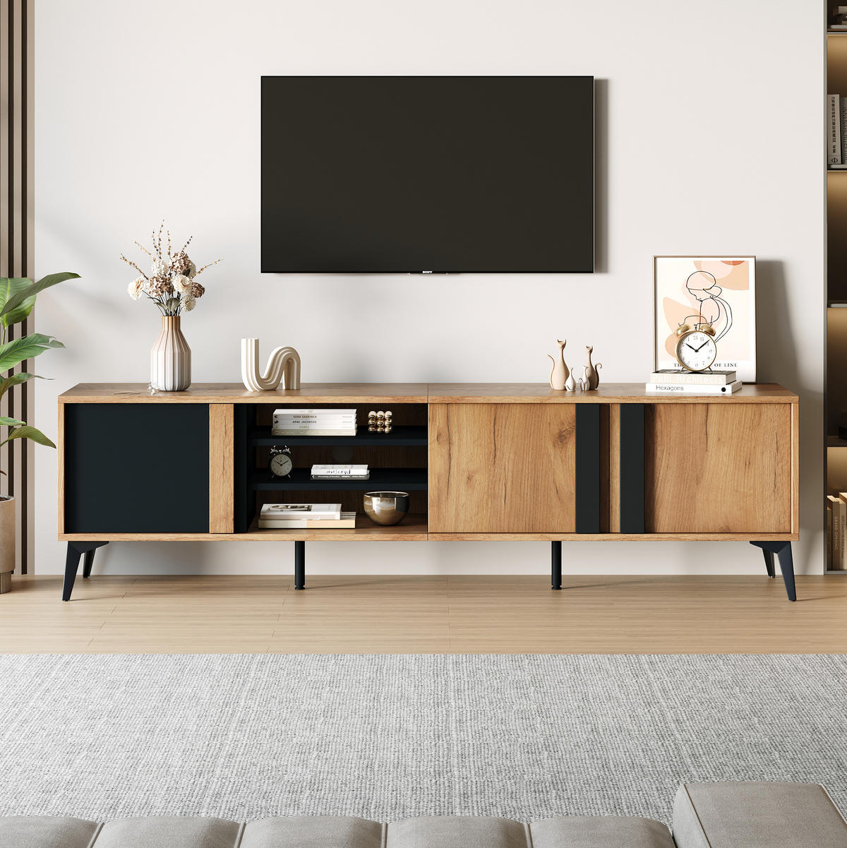 LOWBOARD 180/40/50 cm schwarz/braun aus Spanplatte und Eisen mit Kabelmanagement - Schwarz, Holzwerkstoff (40/50/180cm) - OKMYHOME