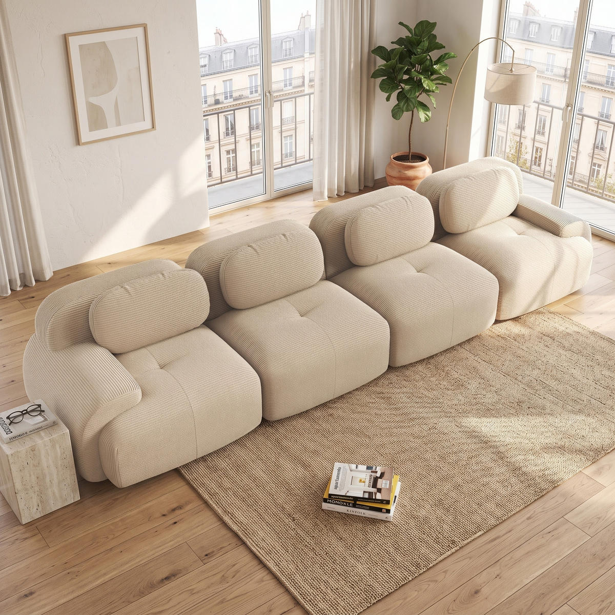 CANAPEA CU 4 LOCURI Canapea modulară Boneless Cord fără cadru - bej, material textil (388/75/103cm) - Urban Meuble