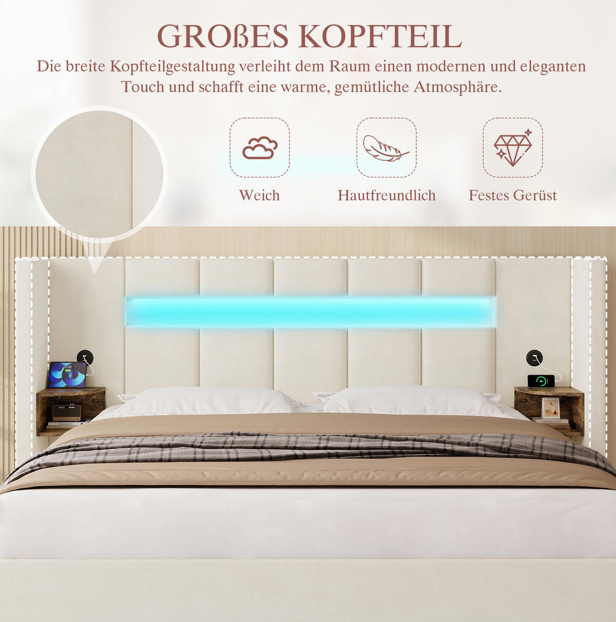 BETT mit Stauraum und USB 160x200 cm Samt Beige - Beige, Metall (160/200cm) - Meubliv