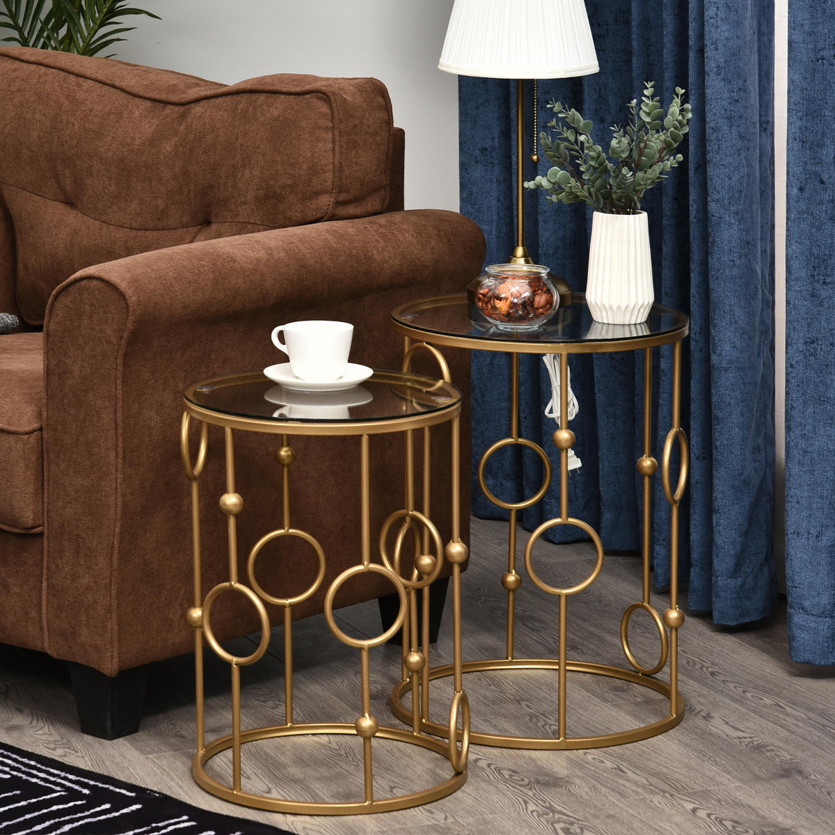 COUCHTISCH 2er-Set mit Glasplatte, Ø41 x 57 cm, Gold - Goldfarben, Glas (41/41/57cm) - HOMCOM