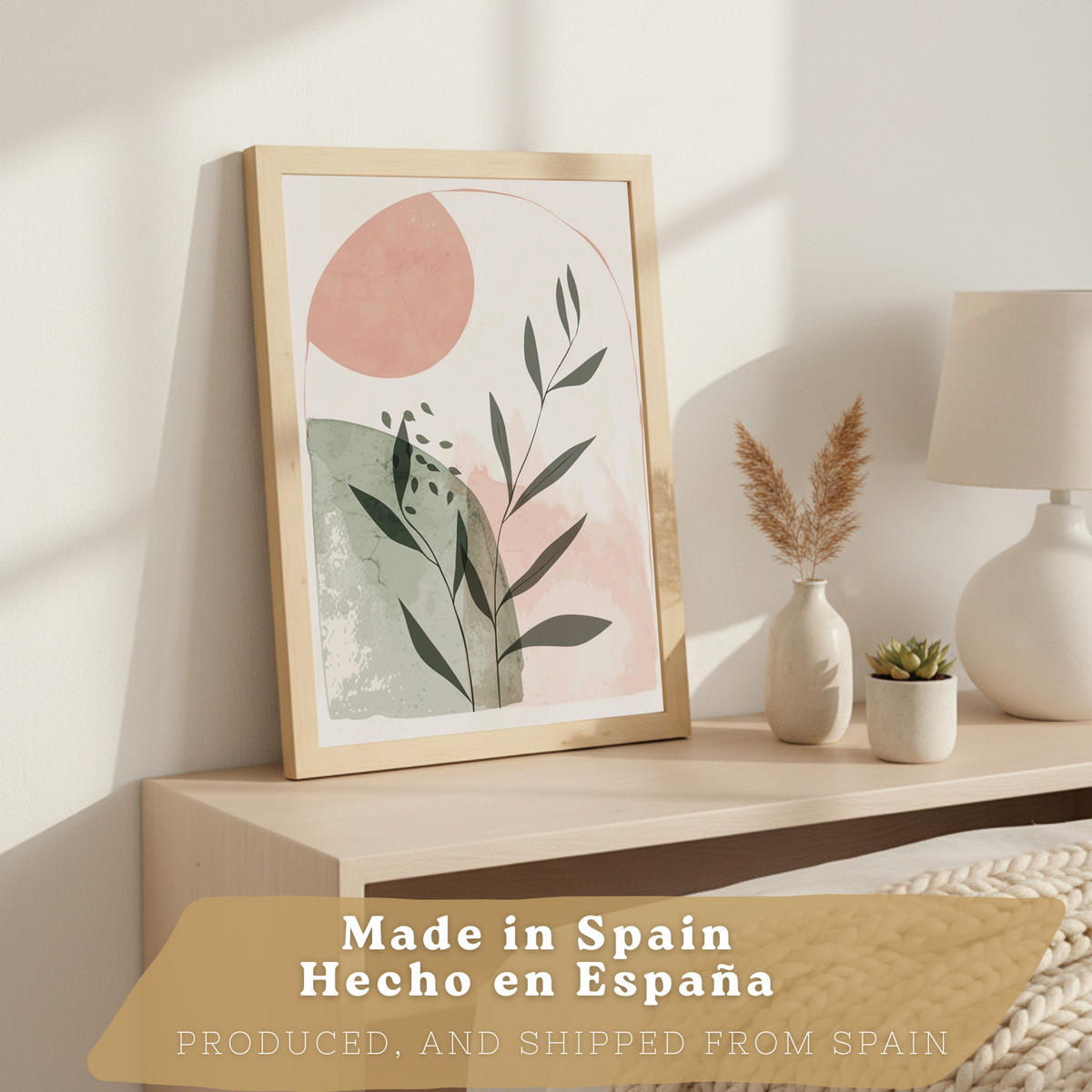 PLAKAT Sada 3 dekorativních nástěnných tisků, pastelově zelené a růžové rostliny, pro moderní dekoraci obývacího, velikost Světlý dřevěný rám A4 - béžová, papír (21/29.7/3cm) - Nacnic