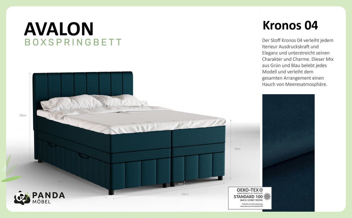 BOXBETT AVALON 140 x 200 cm mit Bettkasten und Topper - Türkis - Türkis, Holz - Panda Möbel
