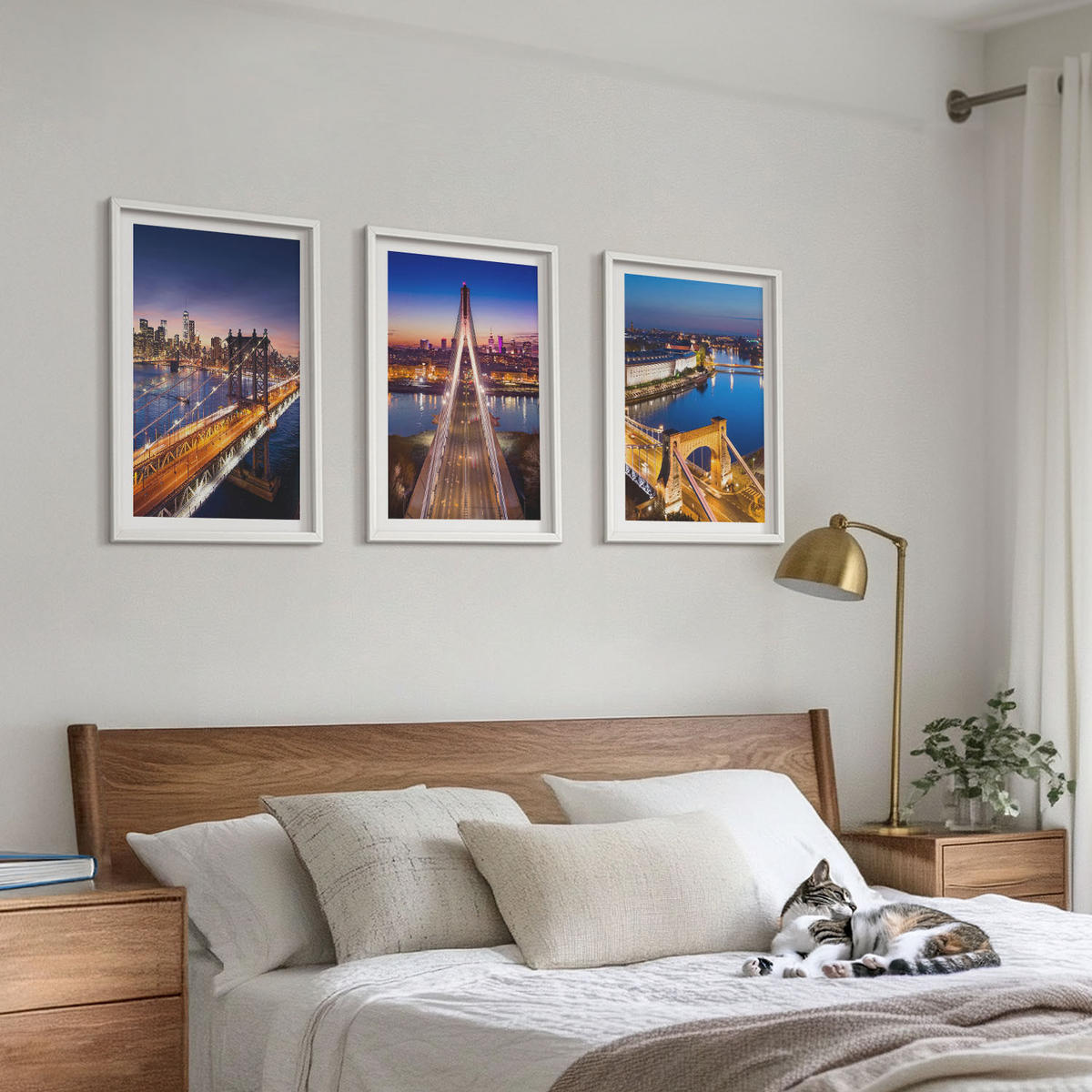 BILDER SET 3er Set - 40x60 cm Weißer Rahmen - Städte bei Nacht, Brücken, Flüsse - Weiß, Kunststoff (40/60cm) - TULUP