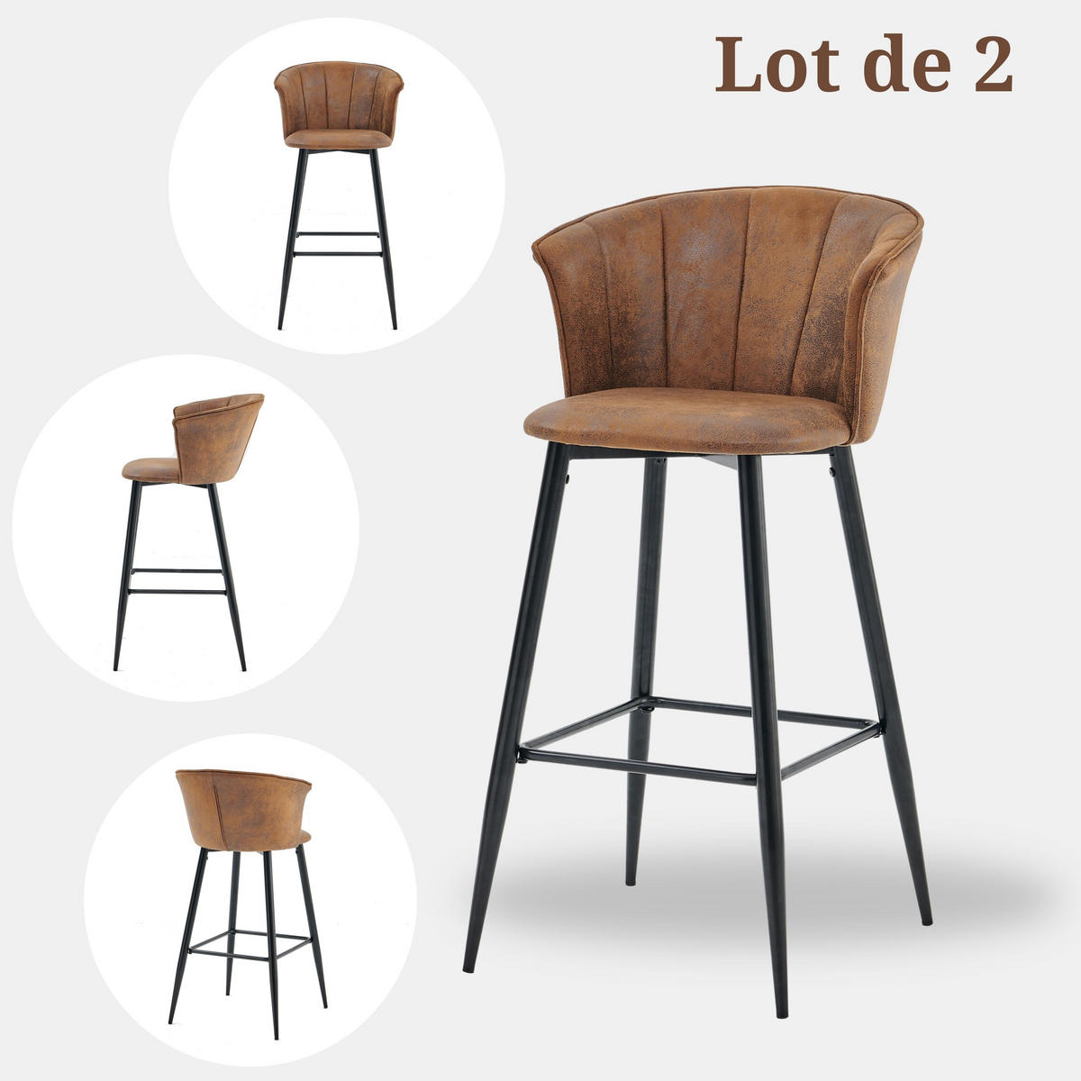 BARHOCKER 2er-Set, Sitzhöhe 72 cm, gepolstert, Bezug in Wildlederoptik, Braun - Schwarz/Braun, Textil/Metall (46.2/97/49.5cm) - Meubles Cosy