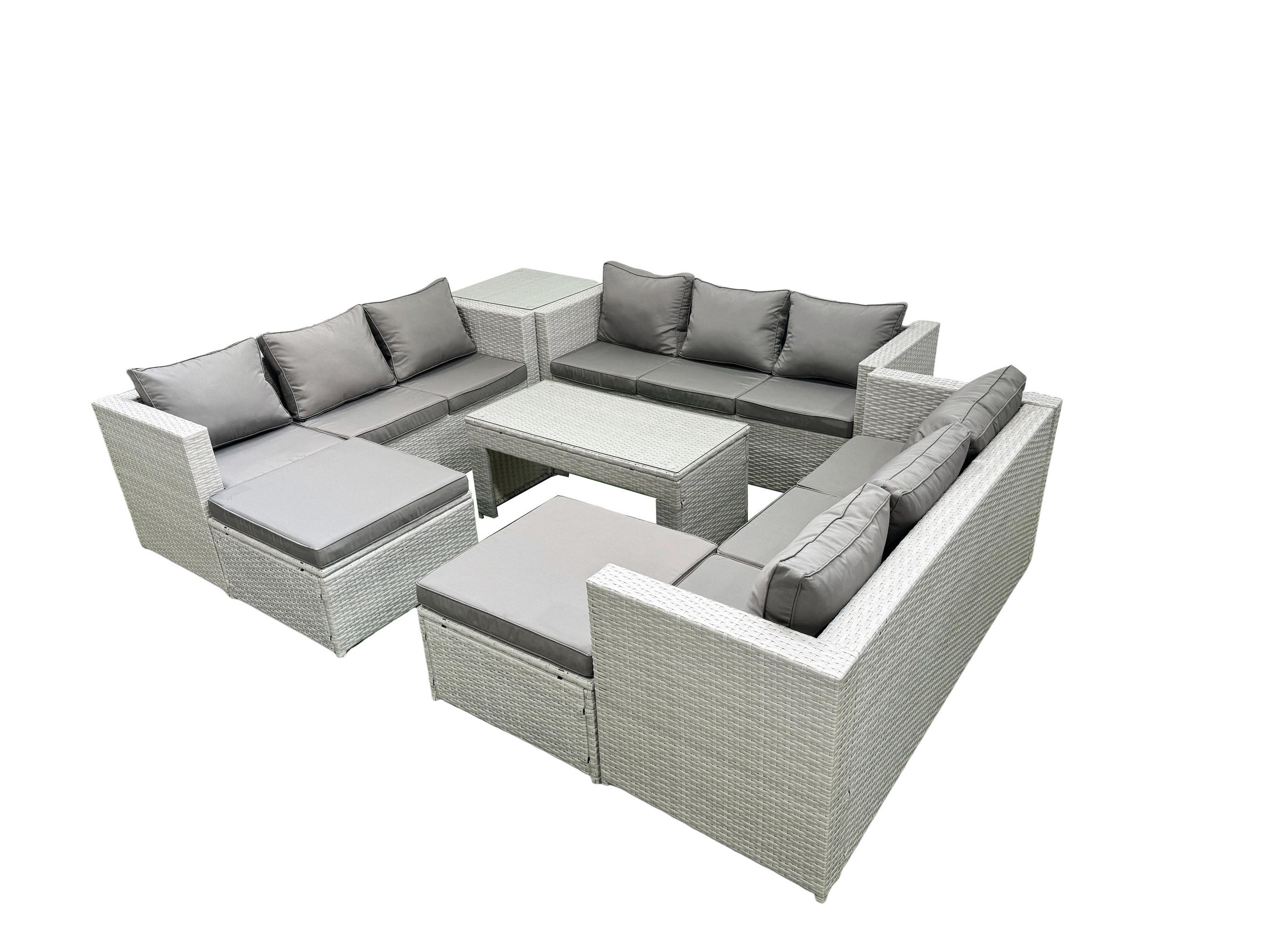 BALKONMÖBEL-SET Polyrattan Hellgrau-Mix 11-teilig - Hellgrau/Grau, Glas/Kunststoff - Fimous