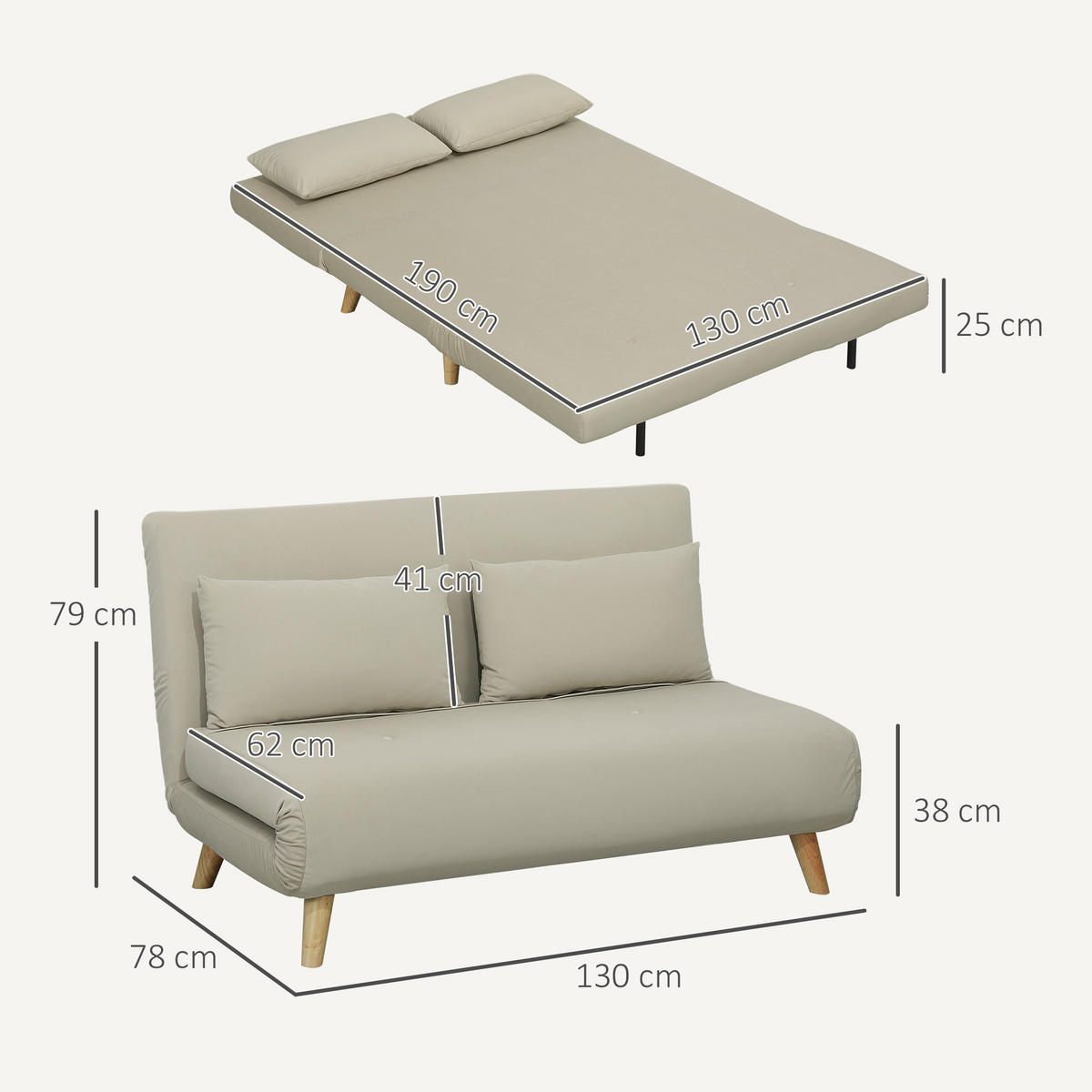 SCHLAFSOFA Sofa mit Schlaffunktion 130 X 78 cm Couch mit Lendenkissen, Beige - Beige/Naturfarben, Holz/Textil (78/79/130cm) - HOMCOM