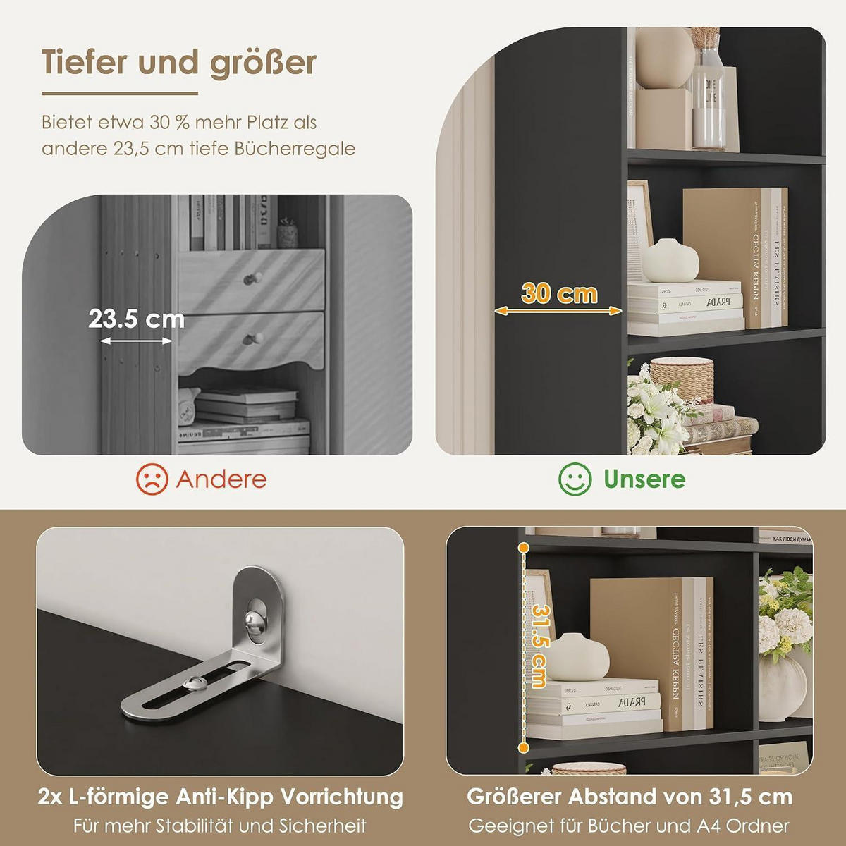 BÜCHERREGAL mit 4 Schubladen 180 cm schwarz - Schwarz, Holzwerkstoff (100/180/30cm)