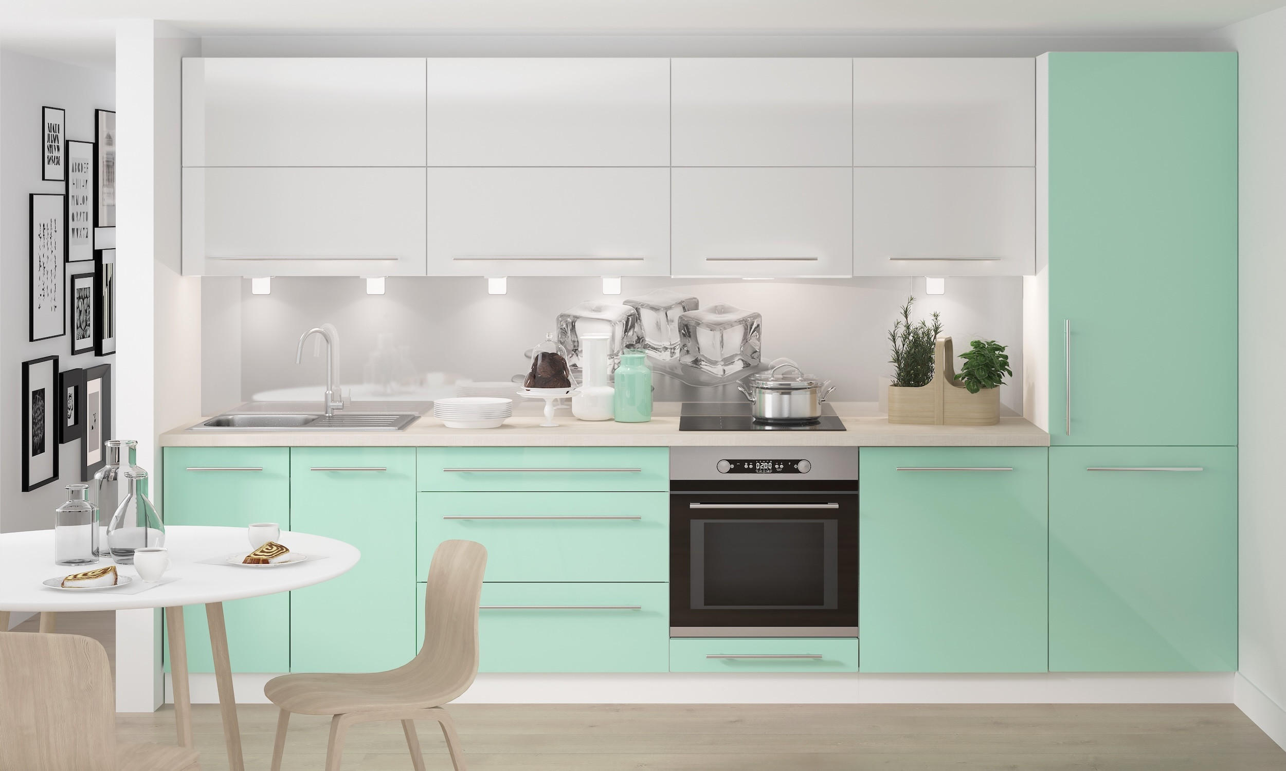 KÜCHENLEERBLOCK Brerra lichtgrün / reinweiß lackiert / weiß matt 9-teilig - Weiß/Grün, Holzwerkstoff (340/207/50cm) - Feldmann-Wohnen