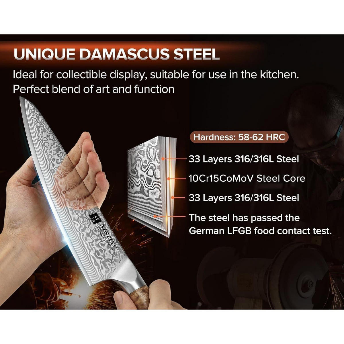 KOCHMESSER 21 cm Damaststahl mit Bergahornholzgriff - Multicolor, Metall (34cm)