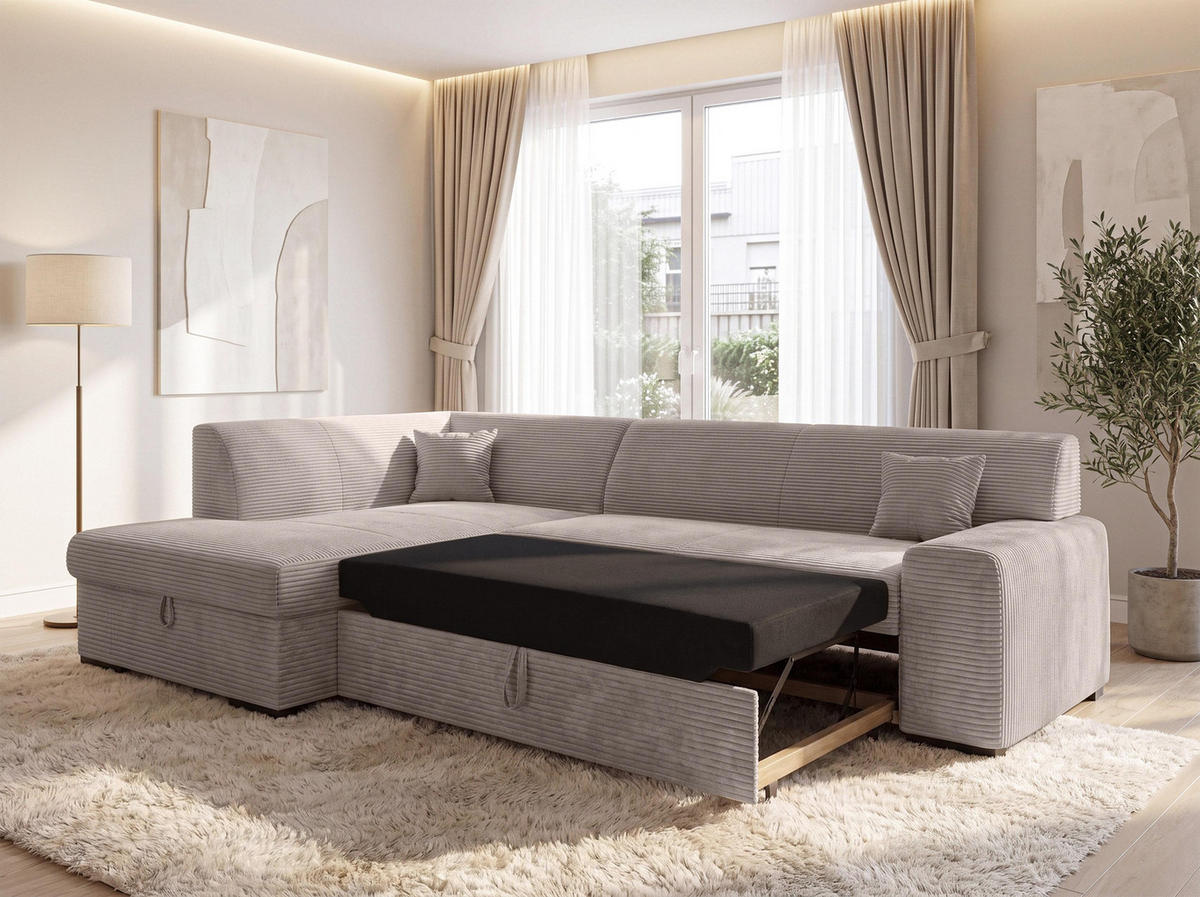 ECKSOFA L Form Minosa Beige 260/175/71 cm Links mit Schlaffunktion - Beige/Schwarz, Kunststoff/Textil (260/175cm) - AX Living