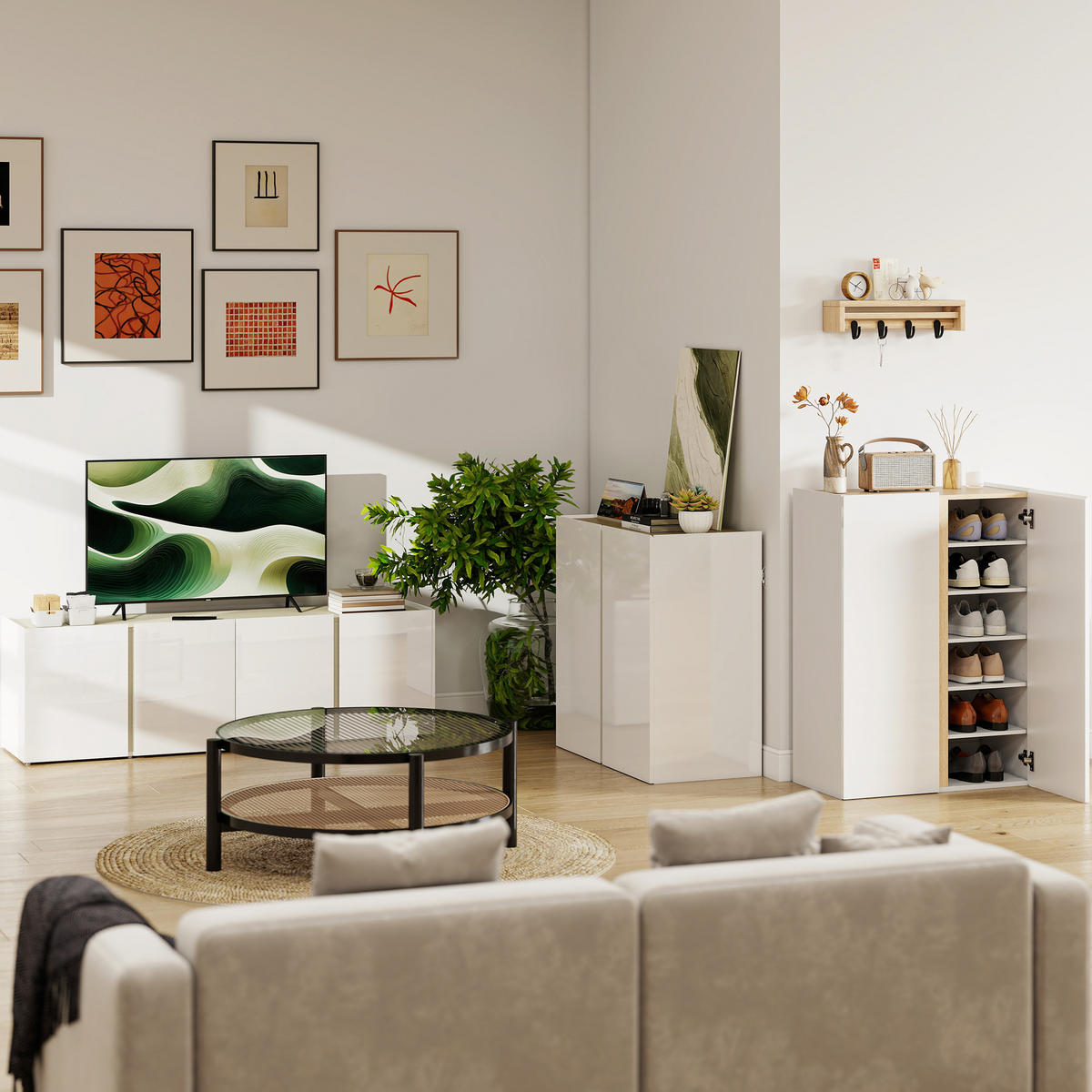 TV Schrank Hochglanz TV Board mit 4 Soft-Close-Türen für Fernseher bis zu 65Zoll - Weiß Hochglanz/Weiß, Holzwerkstoff/Kunststoff (38/45/135cm) - HOMCOM