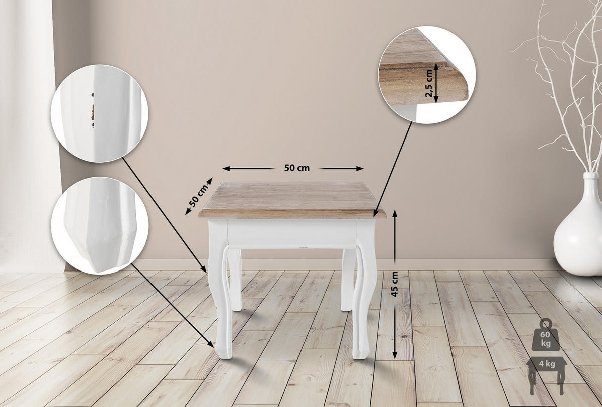 BEISTELLTISCH eckig 50/50/45 cm Holz natura/weiß - Eukalyptusholzfarben/Weiß, Holz (50/50/45cm) - CLP